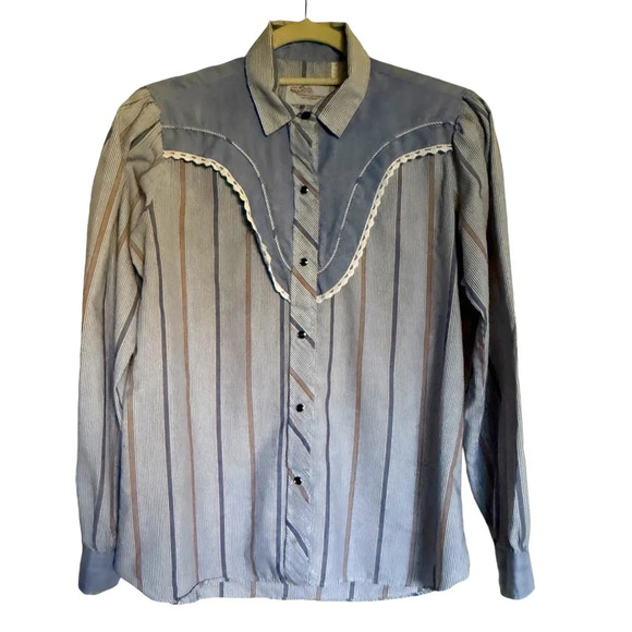 Vintage Kenny Rogers Western Denim Stripe Long Sleeve Shirt Size 13/14 Cowgirl - Picture 1 of 10